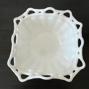 Fostoria Milk Glass Folded Fruit Bowl // Colonial Prism Open Lace // Vintage 50s
